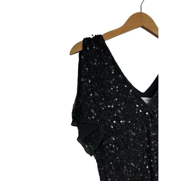 Papell Boutique Evening 100% Silk Black Flutter Sleeve Fully Beaded Top M Petite - Picture 2 of 9
